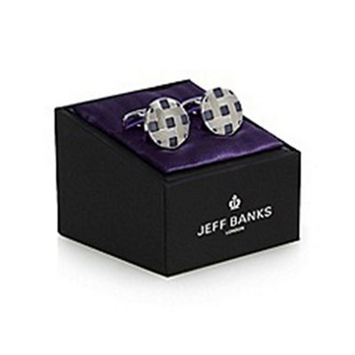 Blue checked circle cufflinks in a gift box